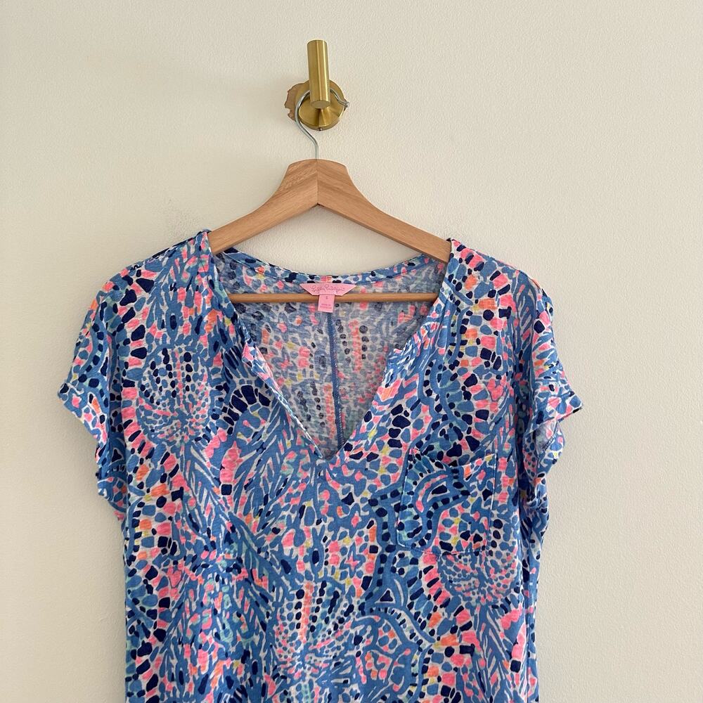 Lilly Pulitzer Duval Tic Tac Tile V-Neck Mini T-Shirt Dress Blue Pink S - Picture 4 of 9